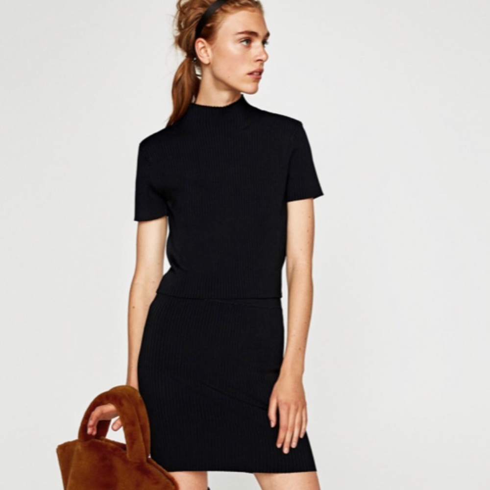 ZARA Ribbed Black Crop Top with High Collar (NWT)